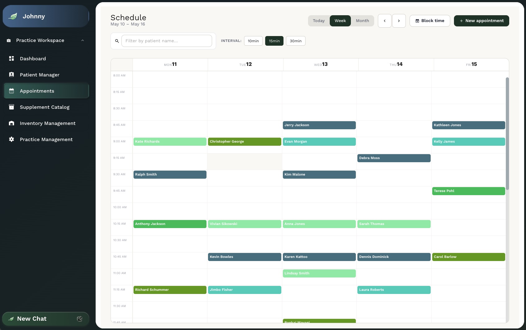 Supplement Practice appointment scheduling calendar with week view, color-coded patient bookings, and 10, 15, and 30 minute slot intervals.