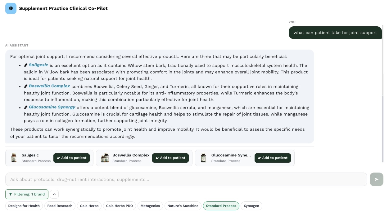 Supplement Practice Clinical AI Co-Pilot recommending Saligesic, Boswellia Complex, and Glucosamine Synergy with brand filtering for Standard Process, Designs for Health, Gaia Herbs, Metagenics, and Xymogen.
