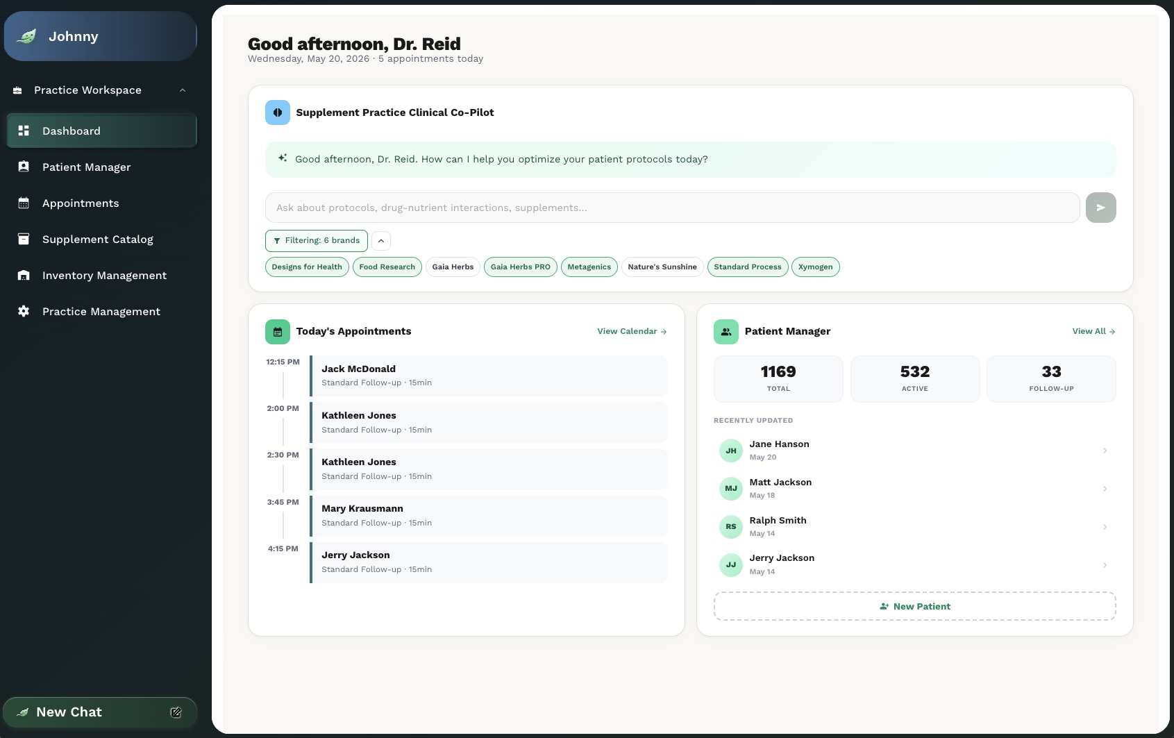 Supplement Practice dashboard showing today's appointments, patient stats, and the Clinical AI Co-Pilot ready to draft personalized supplement protocols.