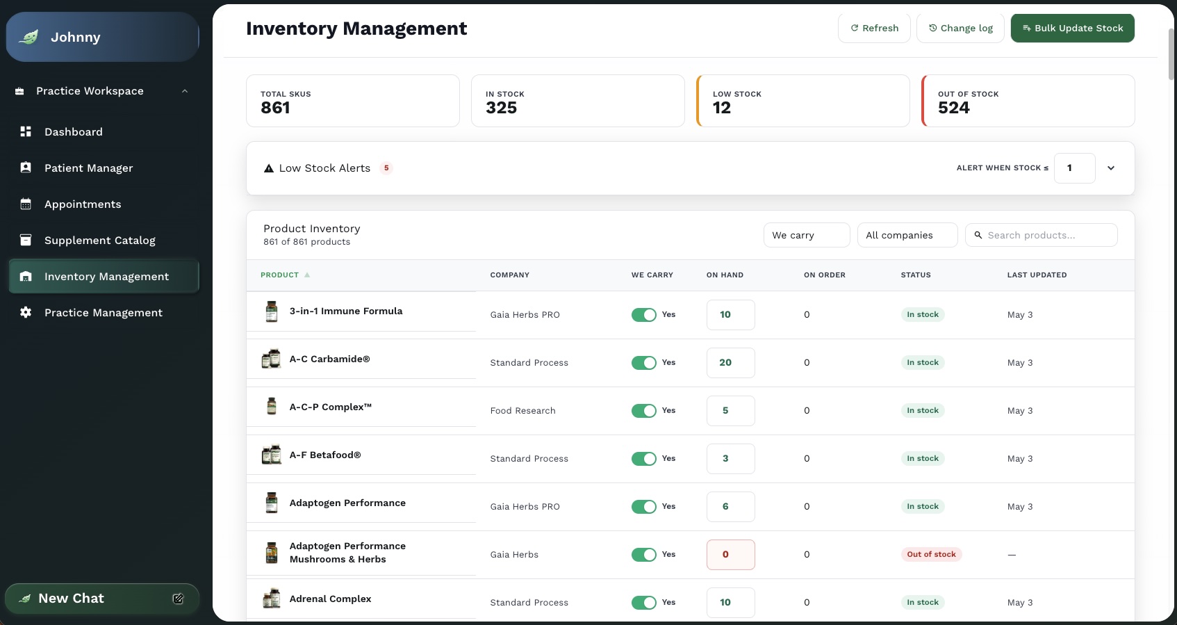 Supplement Practice inventory management dashboard with 861 total SKUs, low-stock alerts, and per-product stock counts across Standard Process, Gaia Herbs PRO, and Food Research.