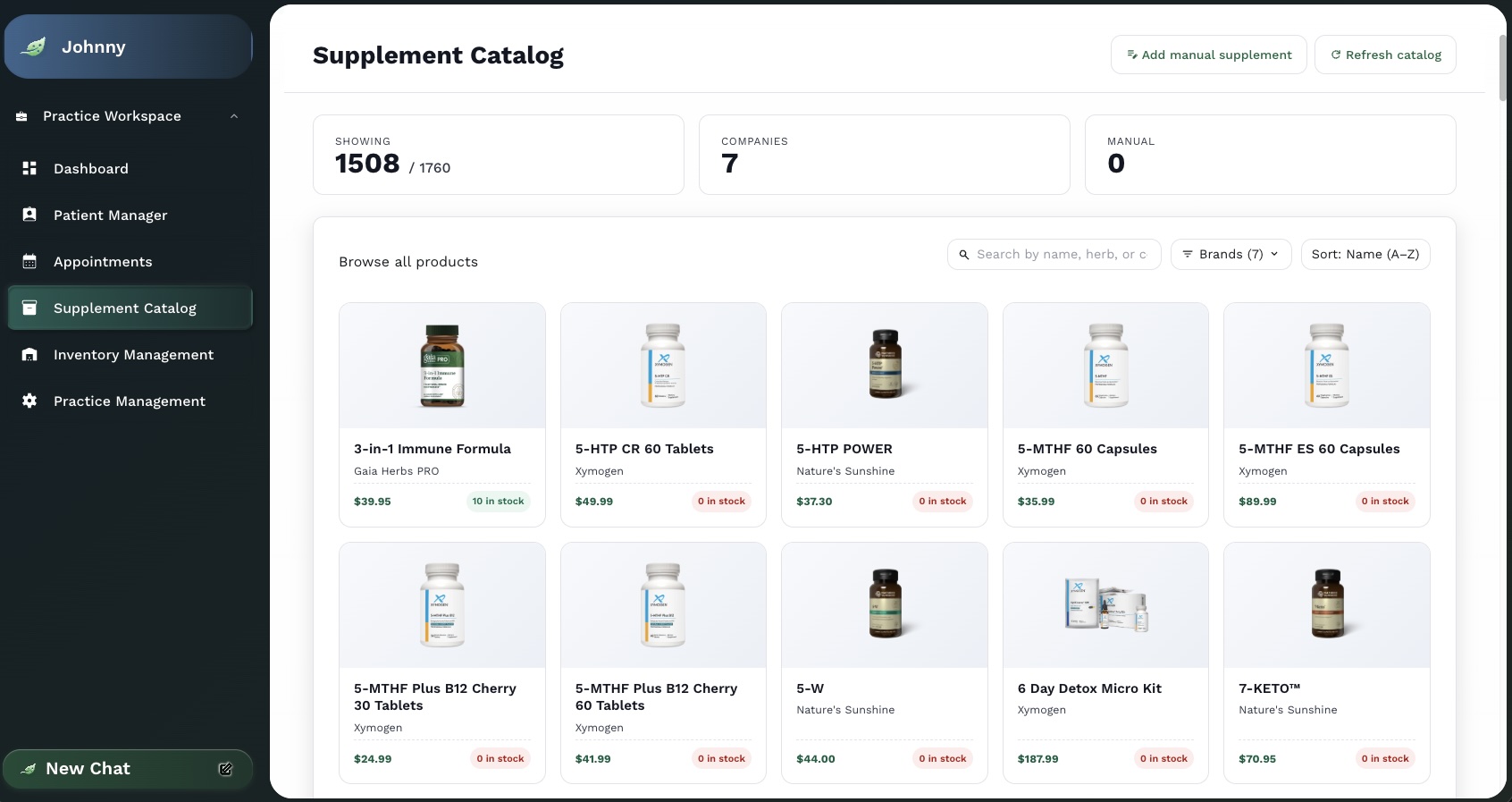Supplement Practice supplement catalog browsing 1,508 products across 7 professional brands including Gaia Herbs PRO, Xymogen, and Nature's Sunshine.