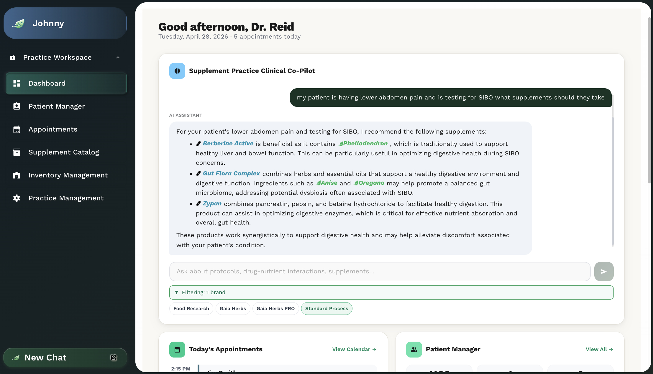 Supplement Practice Software for chiropractors, nutritionists, medical doctors, naturopaths, and integrative medicine practitioners — practice management dashboard.